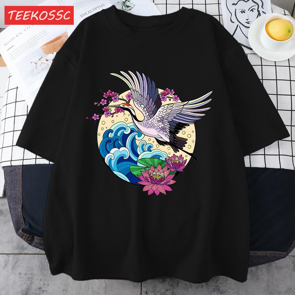 Cranes Enjoy Blooming Flowers Men T Shirts Vintage Fashion Soft Short Sleeve Summer Comfortable TShirt Unisex Cotton Loose Top