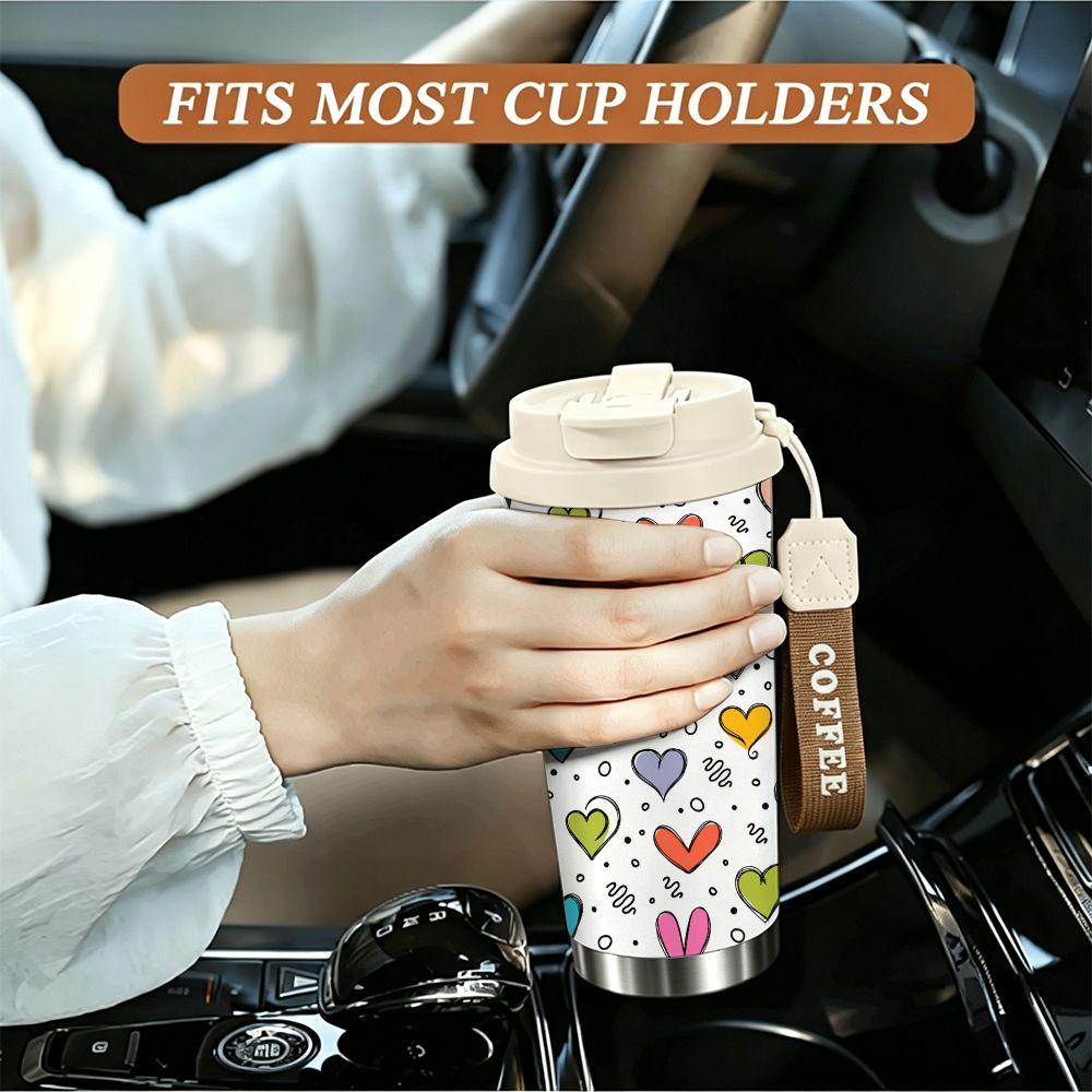 Colorful Hand Drawn Heart Print Insulated Coffee Tumbler Stainless Steel Travel Mug Reusable Vacuum Cup for Office Commute Gift