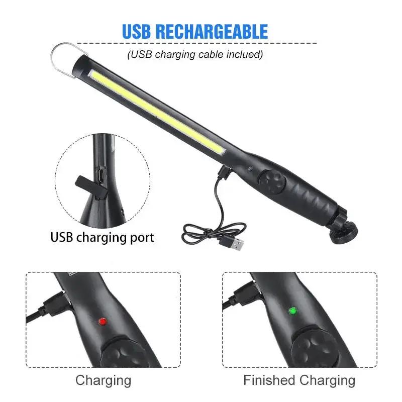 COB LED Flashlight Magnetic Work Light USB Rechargeable Torch Hook Portable Lantern Inspection Light for Home Camping Car Repair