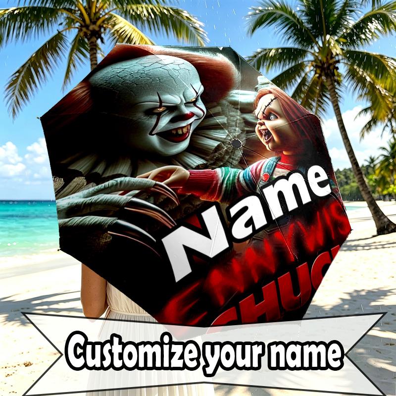 Custom Name Personalized Bride of Chucky Print Umbrella, Auto Open Close, 8‑Rib Sturdy Frame, Commute Camping Hiking Use, Birthday Gift