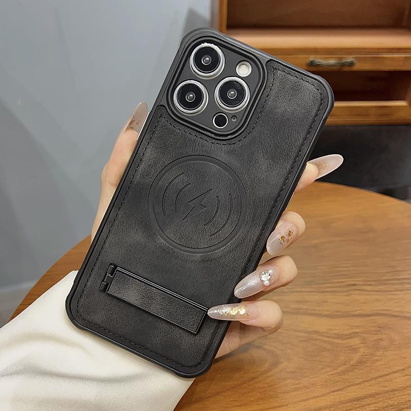 Magsafe Magnetic Wireless Charging Bracket Leather Phone Case For iPhone 15 Pro Max 11 13 12 14 Pro Max Shockproof Back Cover