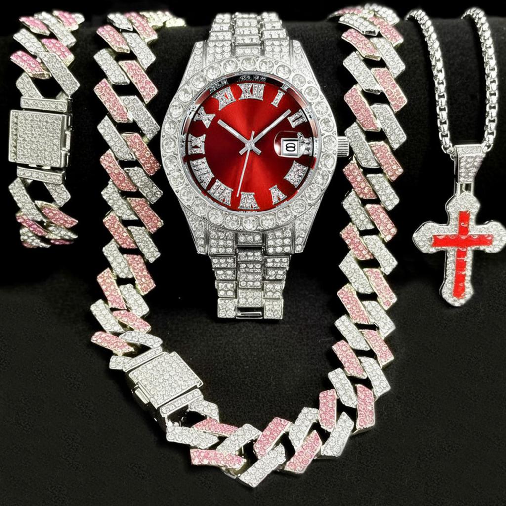 Men's Steel Strap Quartz Hip Hop Business Calendar Full Diamond Cuban Chain Colored Cross Luminous