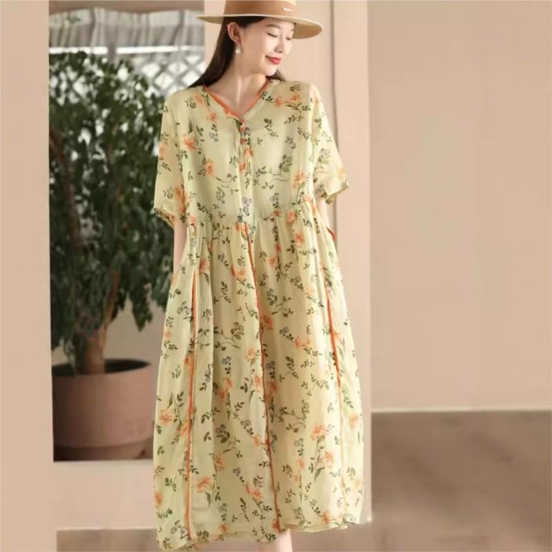 Johnature Женское винтажное платье с цветочным принтом и V-образным вырезом, коротким рукавом, высококачественное летнее повседневное мягкое платье А-силуэта