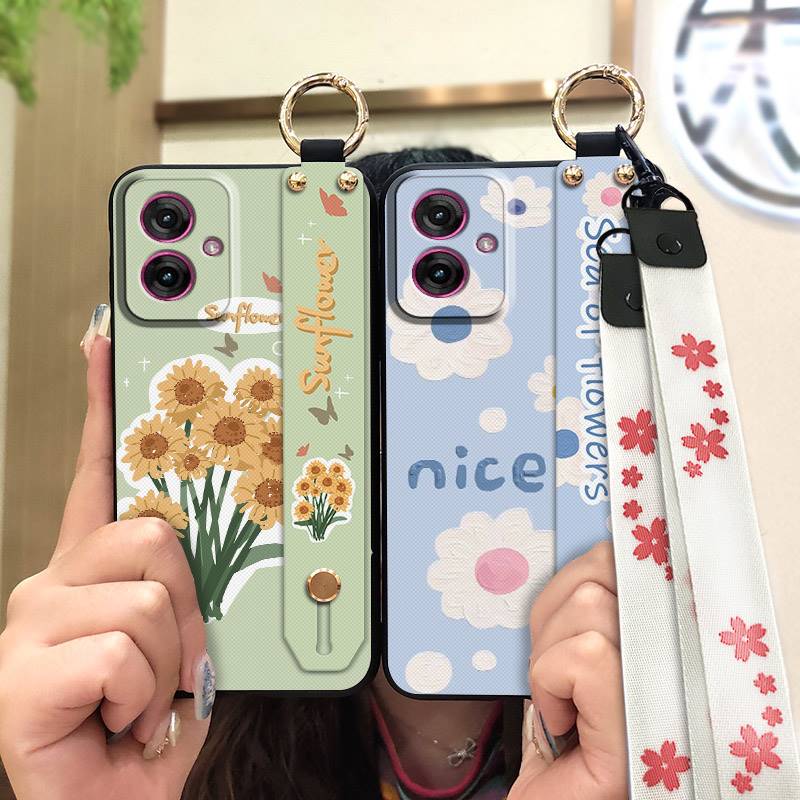 Soft Case Wrist Strap Phone Case For MOTO G55 5G Oil Painting Flower Phone Holder Anti-dust Shockproof Lanyard Kickstand