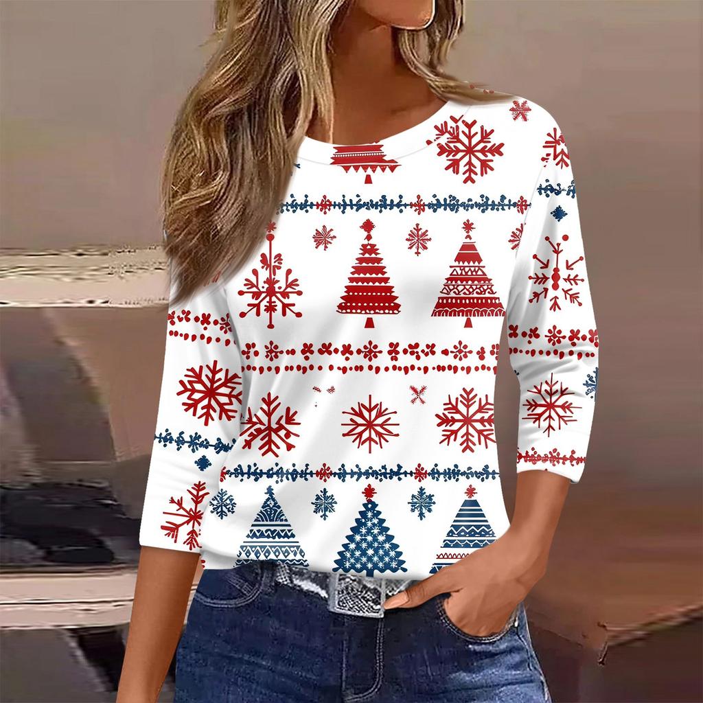 Women's T Shirt Christmas Print 3/4 Sleeve Daily Weekend Fashion Basic Round Neck Regular Top