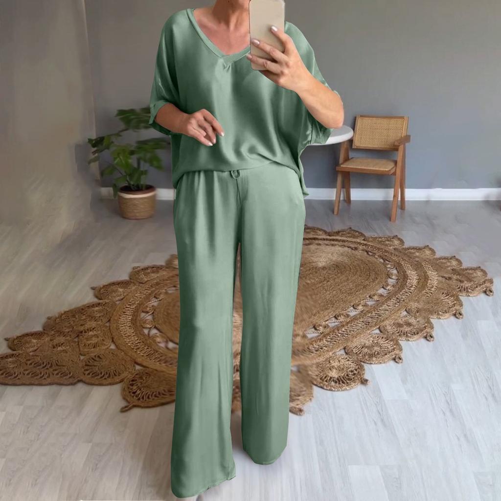 Женский свободный пуловер с v-образным вырезом, повседневный модный костюм с длинными брюками и короткими рукавами