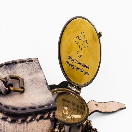 5.08 Cm Cross Sign Brass Working Compass with Leather Cover Gift for Him, Nautical Collectible, Adventure Tool, Father's Day Gift, Traveler