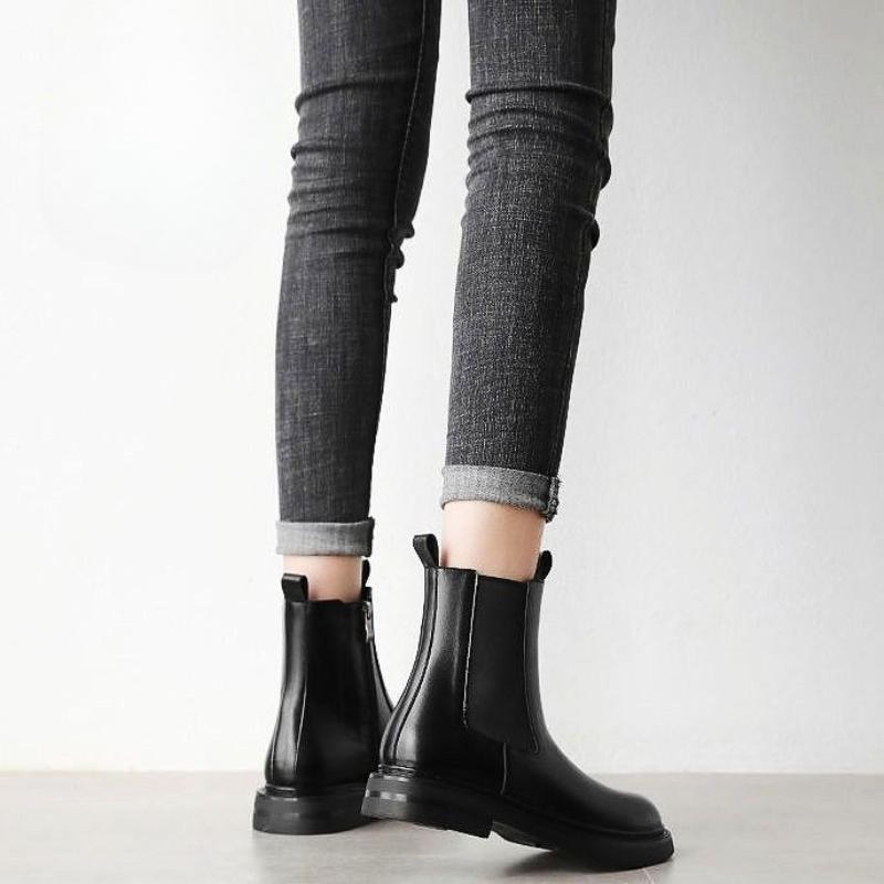 Модные Элегантные на Низком Каблуке Кожаные Теплые Женские Короткие Туфли Круглый Носок Женские Ботильоны Осенне-Зимние Ботильоны Высокого Качества 39 Ботинок