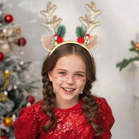 Рождественский ободок с рогом оленя, украшение в виде колокольчика из мультфильма, блестящий обруч для волос с пайетками, рождественский праздничный обруч для головы, аксессуар для вечеринки