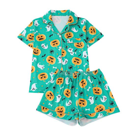 Комплект женской пижамы на Хэллоуин с принтом призрака и тыквы, рубашки с коротким рукавом на пуговицах и шорты, комплект одежды для сна из 2 предметов, домашняя одежда, короткий комплект пижамы
