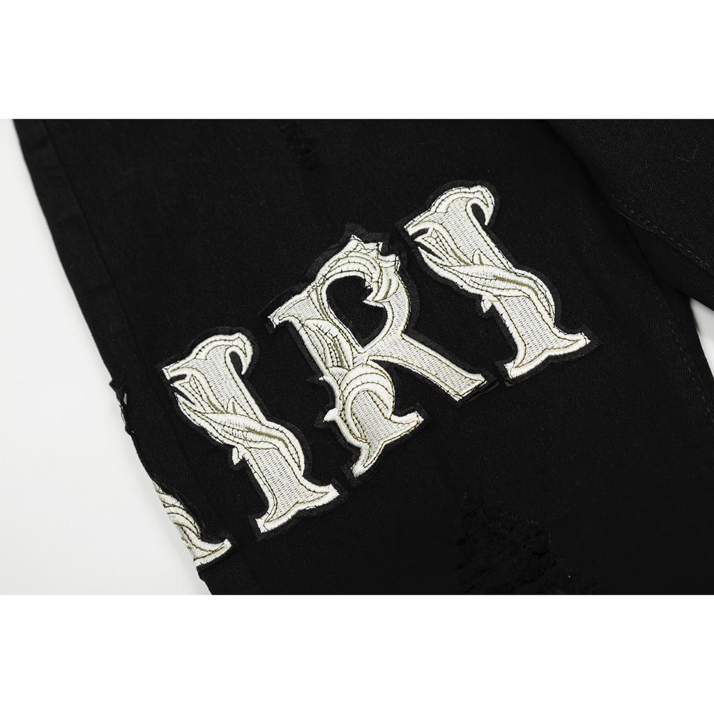 M02 Джинсы в американском стиле унисекс от Amiri, модные, с тканевыми нашивками, дырками, вышивкой, повседневные и модные брюки для хай-стрит