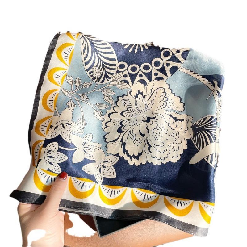 Spring New Blue Peony Printed Silk Scarf Women's Mulberry Silk Plain Crepe Satin Small Square Scarf Versatile Scarf