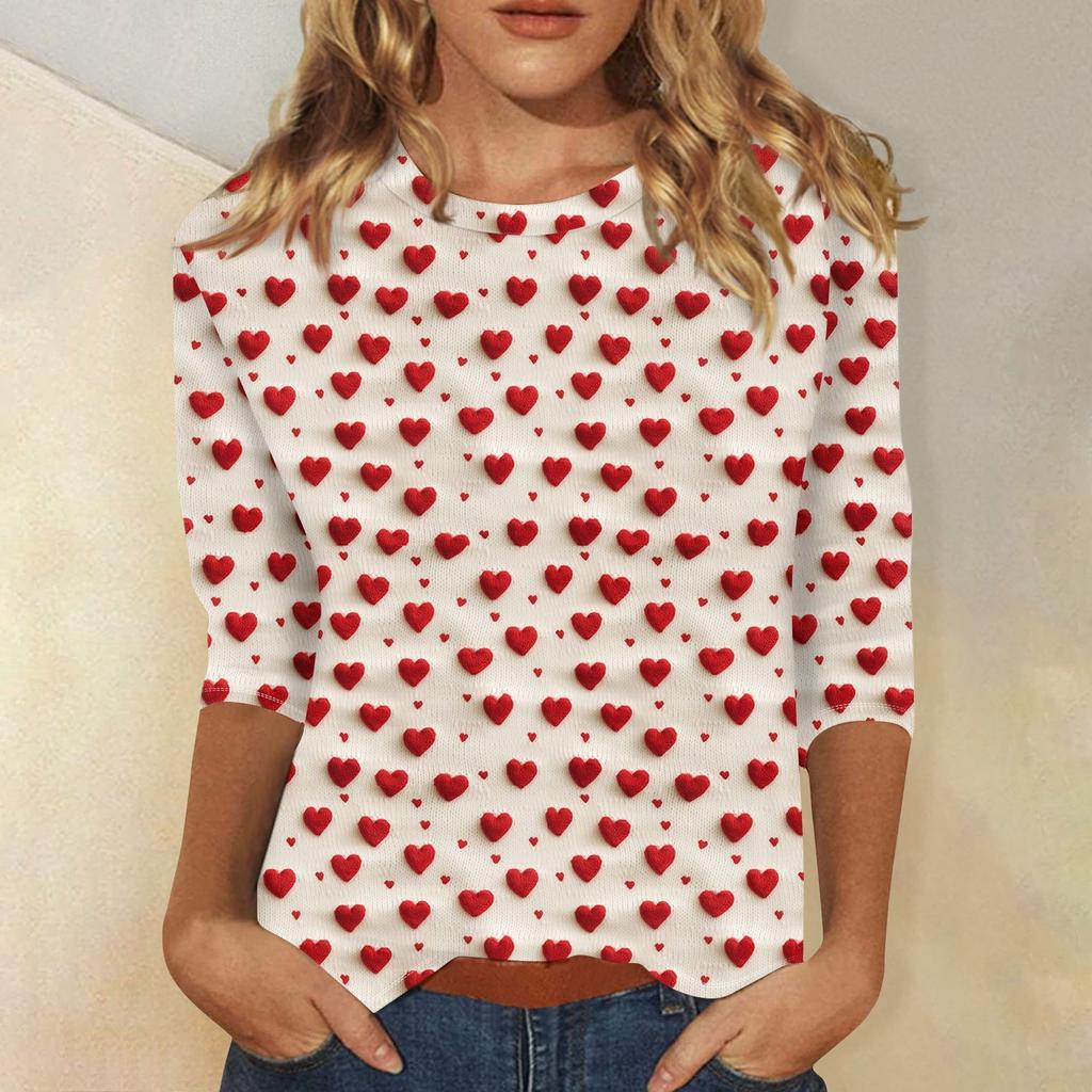 Женская повседневная свободная футболка с круглым вырезом и принтом ко Дню святого Валентина с рукавами три четверти