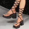 2024 Summer Women's Shoes High Quality Solid Color Thick Heel Thumb Toe Bow Large Size High Heel Lace Up Women's Roman Sandals
