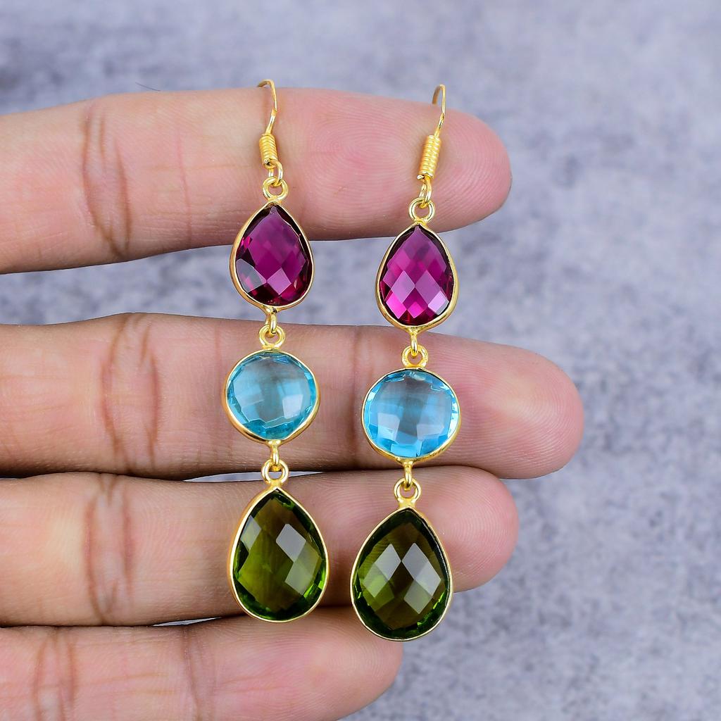 Peridot, Blue Topaz Gemstone 925 Sterling Silver Jewelry Earring 2.88" M-2651