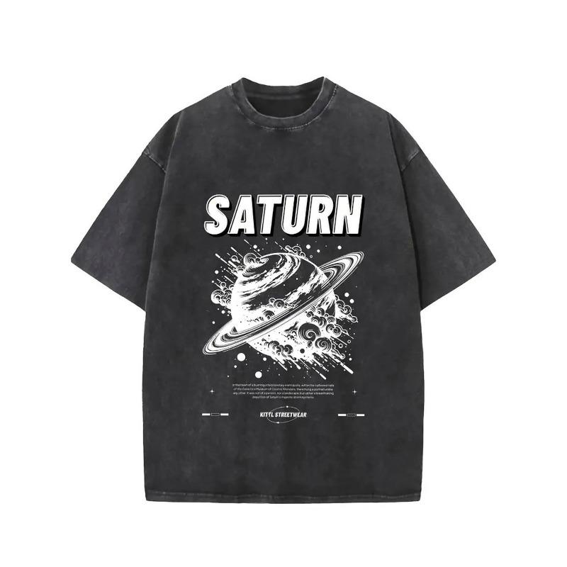 Европейский размер для мужской хлопковой футболки с принтом SATURN – Винтажный космический дизайн, Черная с белой печатью, Повседневная футболка с круглым вырезом, Идеальный летний подарок