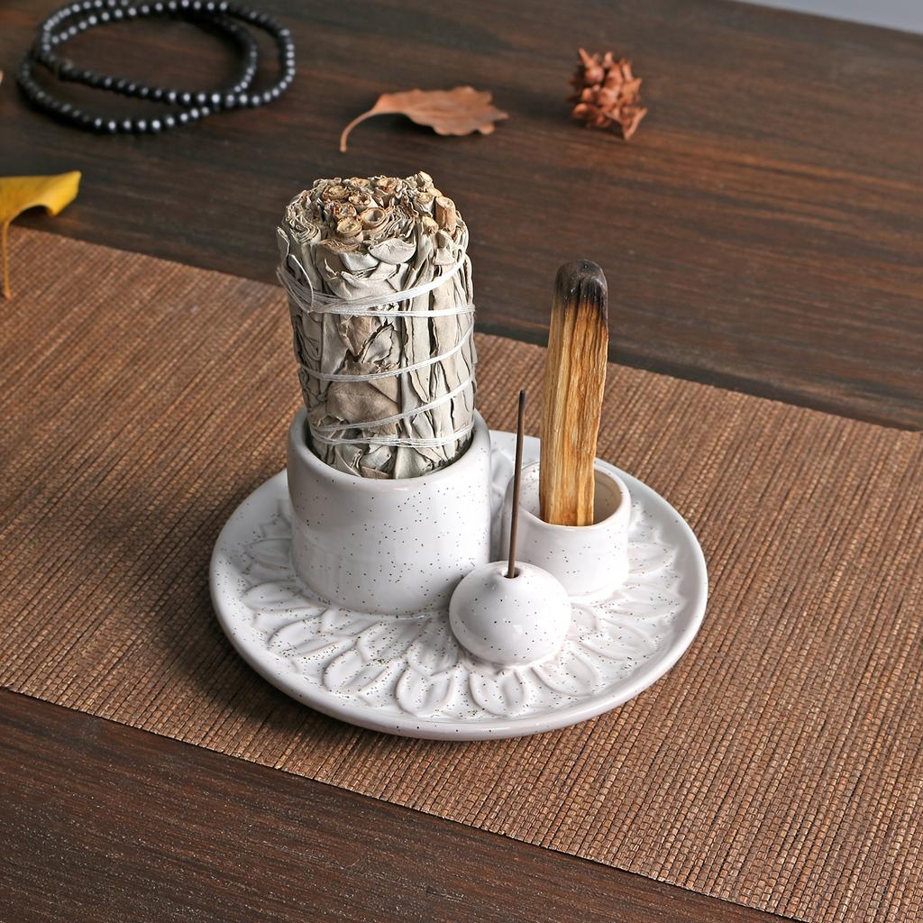 Ceramic Incense Holder 4-in-1 Ceramic Incense Burner Holder 1pc | Palo Santo & Sage Smudge Stand with Stick Candle Holder, Elegant Home Decor