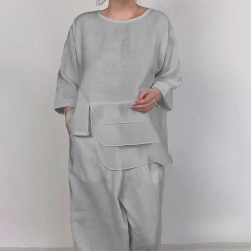 Round Neck Satin Layered Design Top and Wide Leg Pants Set