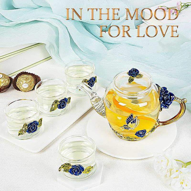 Красная роза эмалированный хрустальный цветок стеклянный чайник для горячих и холодных напитков домашняя посуда для напитков офисный чайник для воды чайный сервиз кофейник