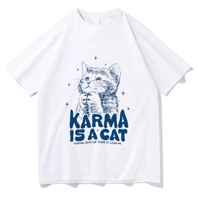Футболка с принтом "Карма - это кошка", мультяшный принт, Харадзюку, Каваи, футболка с коротким рукавом, милая хлопковая футболка, унисекс, высокое качество, ретро одежда