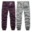 Men Cargo Pants Solid Color Zipper Fly Multi Pockets Drawstring Elastic Waist