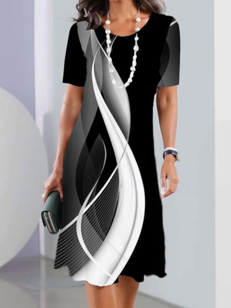 Summer Women's Round Neck Short Sleeve Printed Fashion Loose Midi Dress