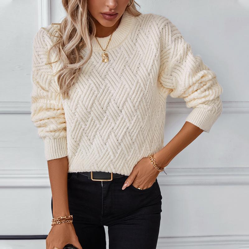 Solid Color Twist Knitted Sweater for Women Autumn and Winter New European and American Retro Round Neck Sweater for Women