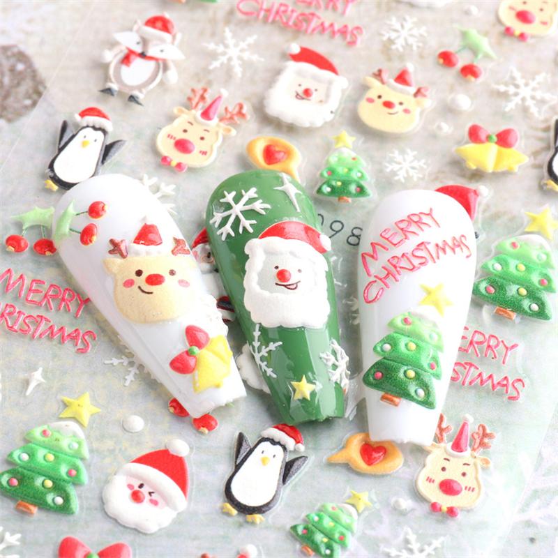 5D Nail Art Stickers Embossed Snowflake Snowman Bird Pattern Christmas Nail Stickers Nail Art Decor Decals