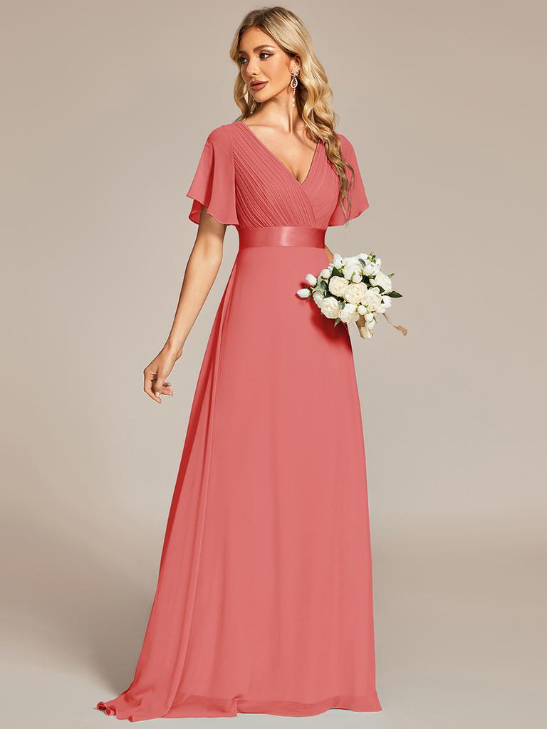Ever-Pretty Women's Double V-Neck Empire Waist Floor Length Chiffon Evening Dresses with Short Flutter Sleeves