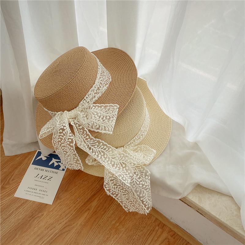 Pastoral Style Fashionable Versatile Flat Top Lace Sun Hat Woven Straw Sun Hat for Outings Sun Protection Large Brim