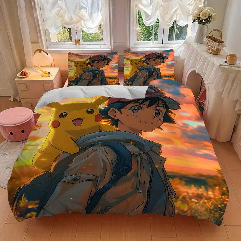 3pcs bedding set Pokémon Trainer Pikachu Includes 1 Comforter + 2 Pillowcases, Without Pillow Inserts, Soft Comfortable, Lightweight Breatha