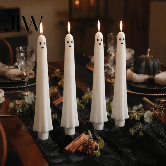 Real Wax Texture Ghost Candles Halloween Flameless Taper Candles, Battery Operated Flickering Candle Light with Party Atmosphere Lighting Remote,
