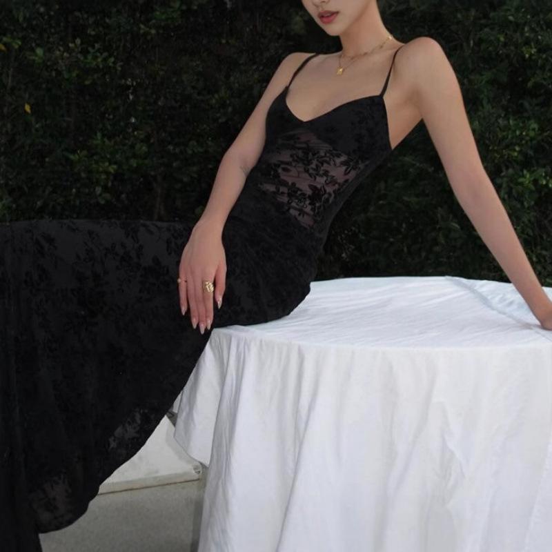 European American V Neck Backless Lace Mesh Sexy Slim Solid Slip Long Dress