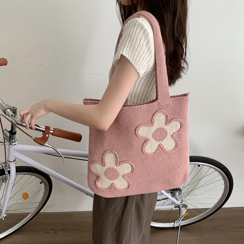 Knitting Woolen Flower Decor Tote Bag Women Crochet Fashion Open Shopper Top-handle Bag Female Daily Large Capacity Handbag