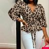 Women's Plus Size Personalised V-Neck Long Sleeve Loose Leopard Print Top