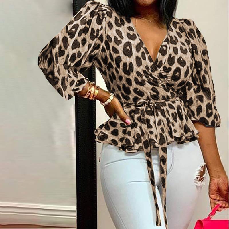Women's Plus Size Personalised V-Neck Long Sleeve Loose Leopard Print Top