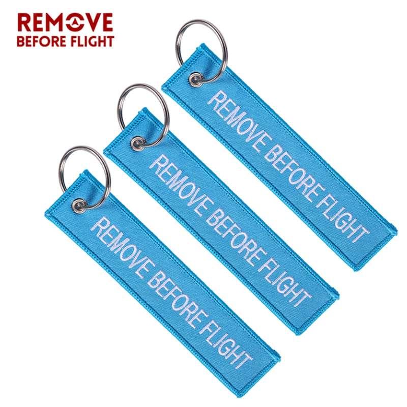 Remove Before Flight 3pcs/set Sky Blue Embroidery Key Fobs Chains Keychains Aviation Gifts