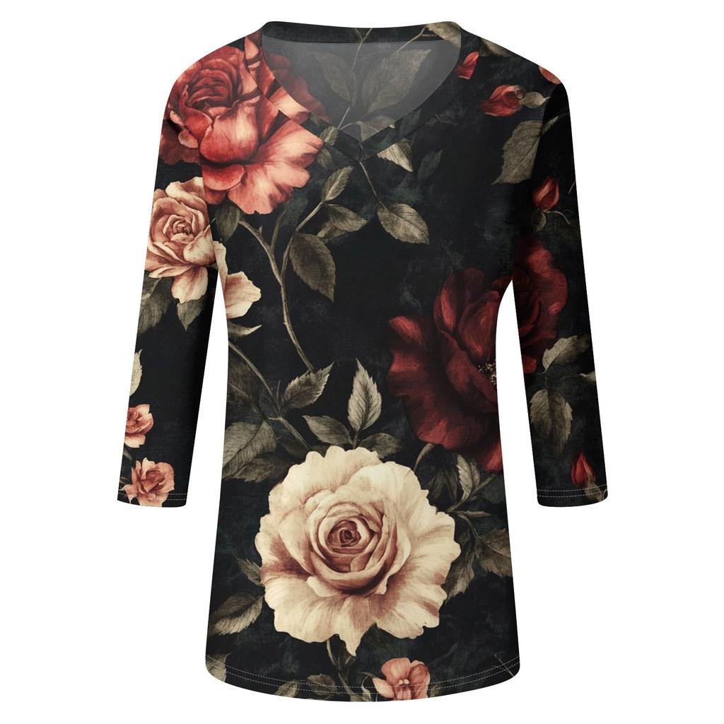 Women's Tops Three-quarter Sleeve Shirt V-neck Loose Casual Shirt Floral Print T-shirt