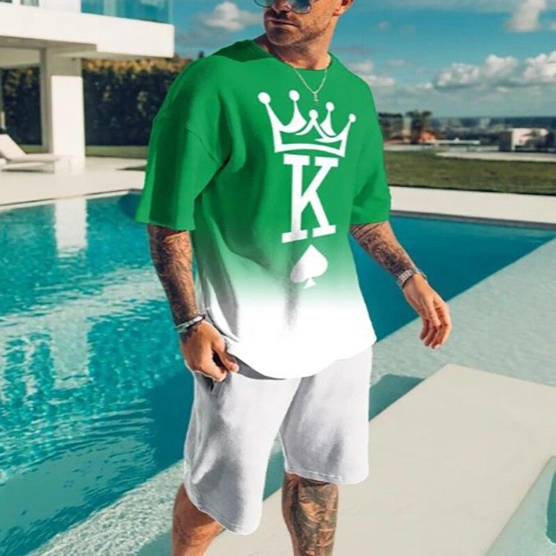 Футболки с 3D принтом King Letter и шорты, комплекты мужских модных спортивных костюмов, футболка большого размера с короткими рукавами, брюки, комплект мужских костюмов, одежда