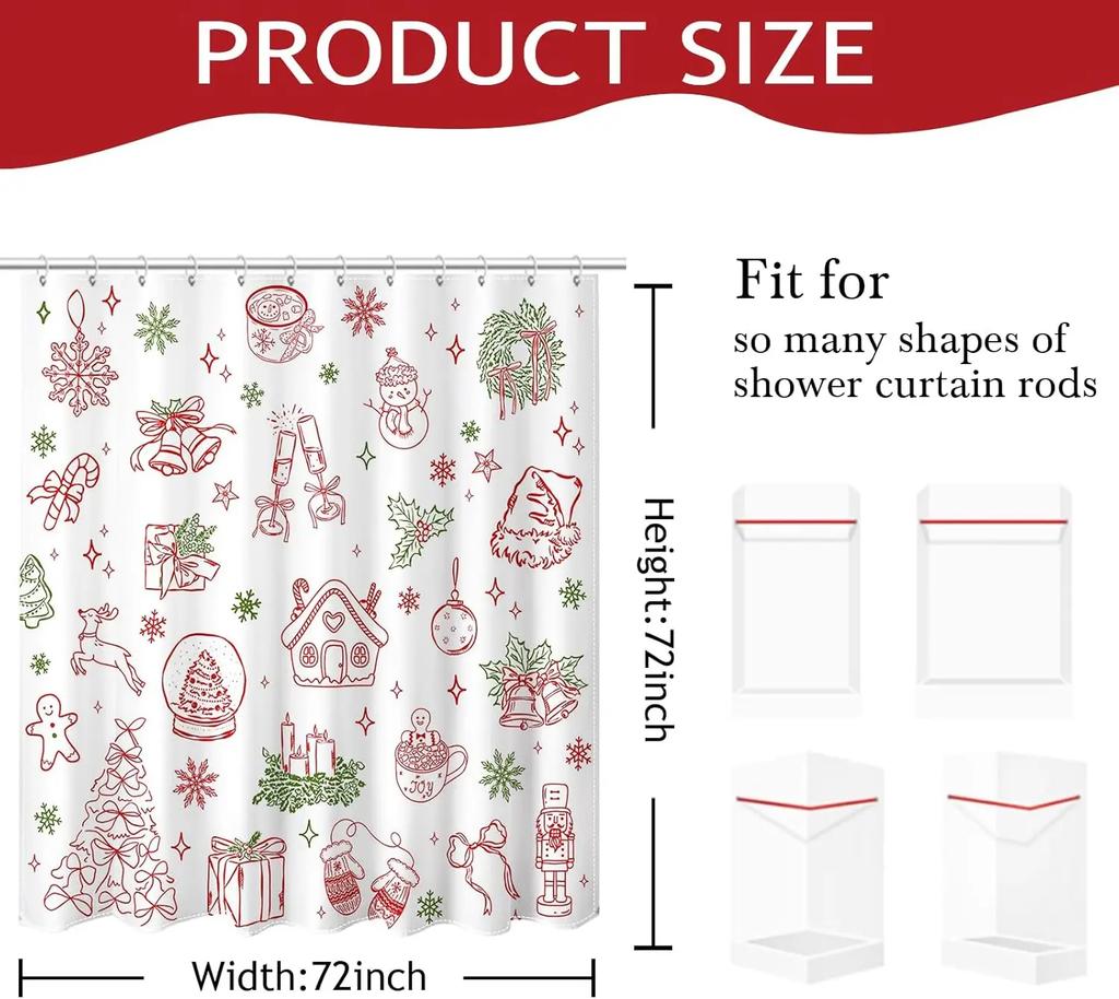 GAEChristmas Shower Curtain for Kids Cute Xmas Tree Candy Ball Snowman Gingerbread Man Shower Curtain for Christmas Bathroom D