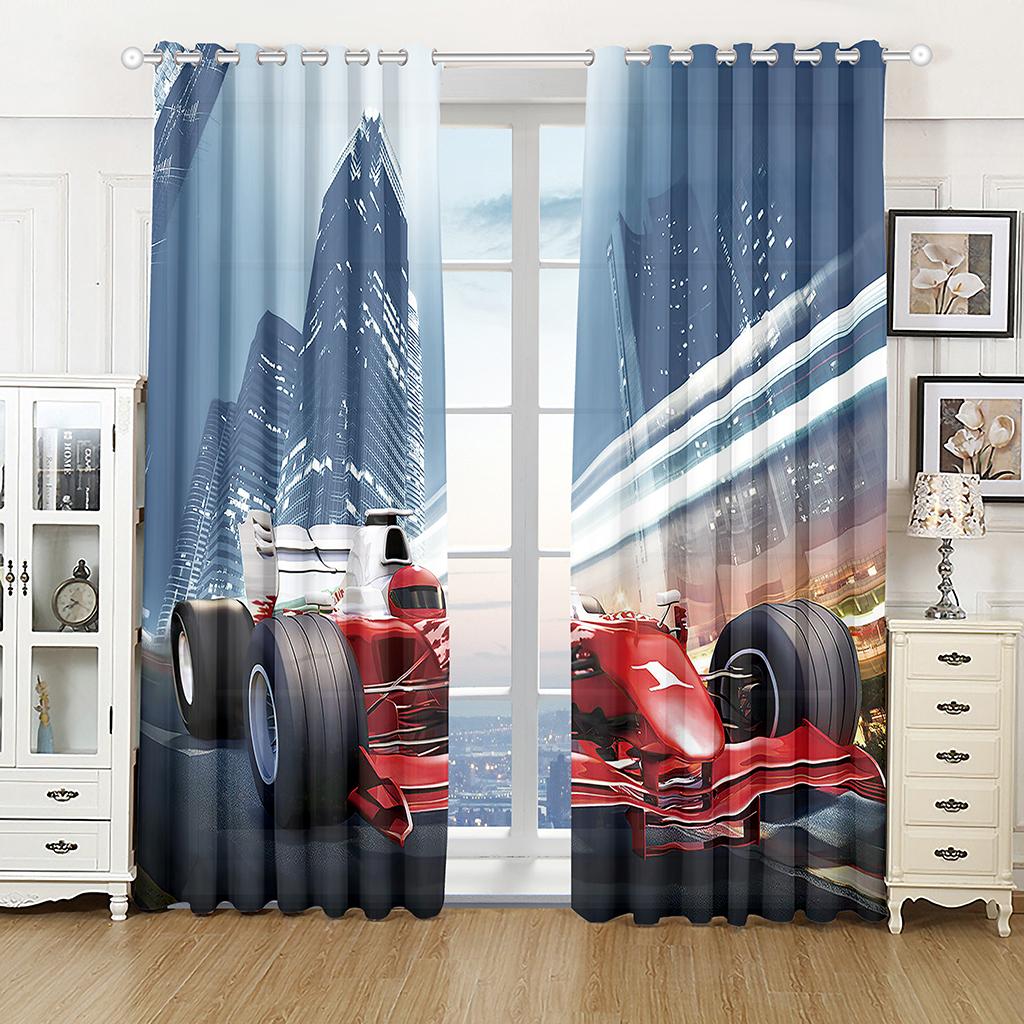 3D Sports Racing Car Printed Window Curtains for Boys Men Adults Scenery Living Room Bedroom Kitchen Semi-Blackout Curtain Drape