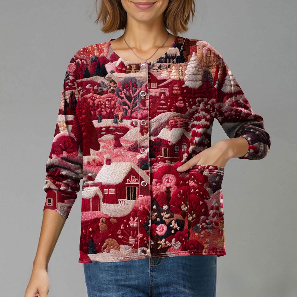 Women's Casual Long-Sleeved Single-Breasted Christmas-Themed Print Cardigan
