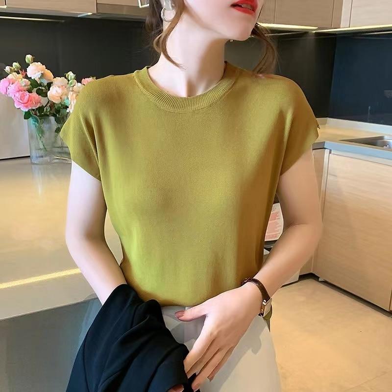 Summer O Neck Loose Ice Silk Knit Blouse Women Knitwear Fashion Solid Short Sleeve Shirt Casual Slim Lady Tops 27174
