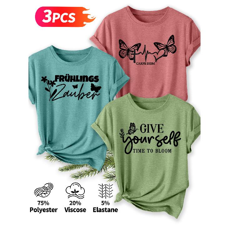 Three-piece set Elegant short-sleeved shirt for women Butterfly Spring Inspirational Slogan Print Pattern Round Neck Short Sleeve Casual Style
