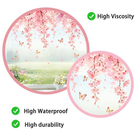 Cherry Blossom Floral Window Clings Spring Watercolor Hanging Flower Vine Butterflies Glass Door Decals Reusable Window Sticker for Home