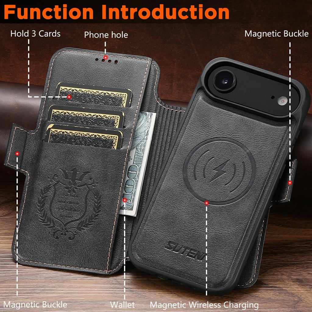 SUTENI Q-07 For iPhone 17 Air Case Magnetic Color Splicing Cowhide Texture Leather Cover