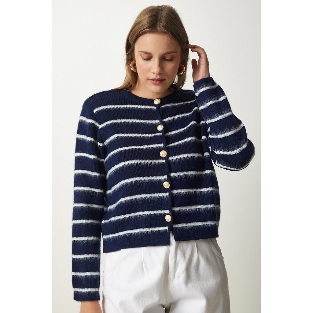 Женский костяной черный стильный трикотажный кардиган в полоску на пуговицах Pf00051