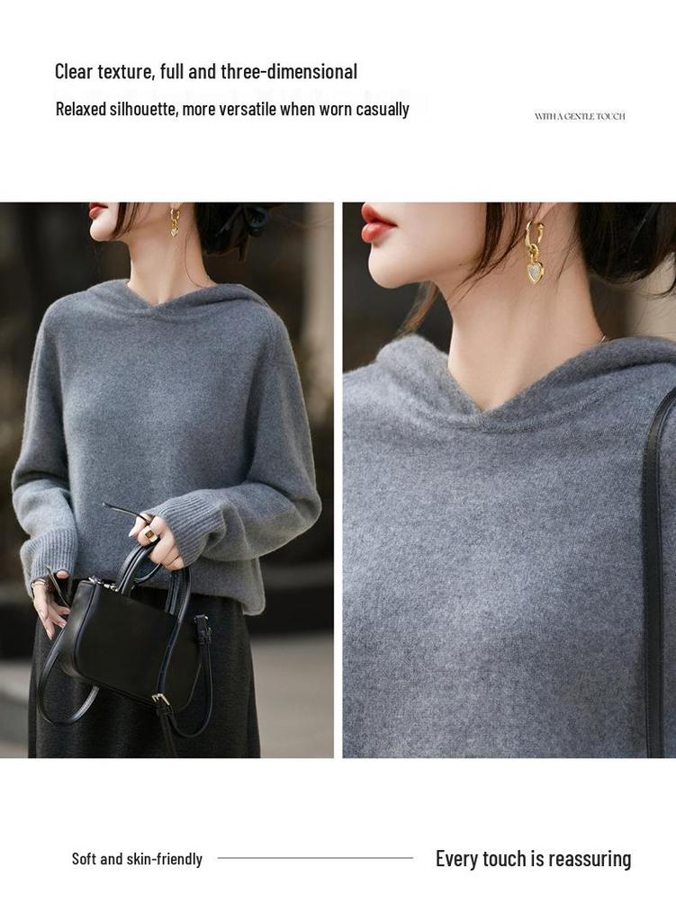 Cozy 100% Ultra-Fine Wool Hooded Drop Shoulder Sweater for Autumn and Winter