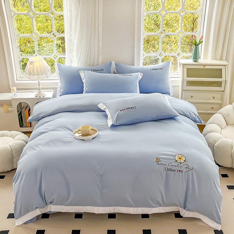 Ins Korean Version of Washed Cotton Bedding Four-piece Set Bed Sheet Quilt Cover Embroidery Dormitory Bedding Three-piece Set