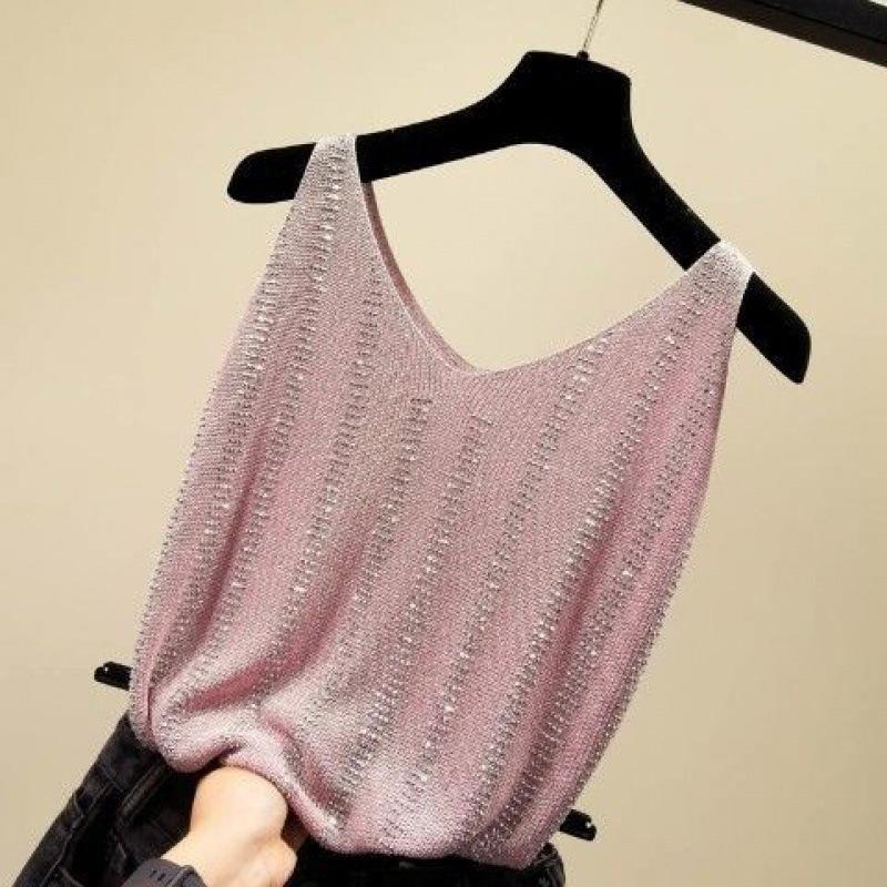 Women's Ice Silk Diamond Camisole Tank Tops Women's Vest Loose Short Sleeveless V-neck Bottoming Shirt